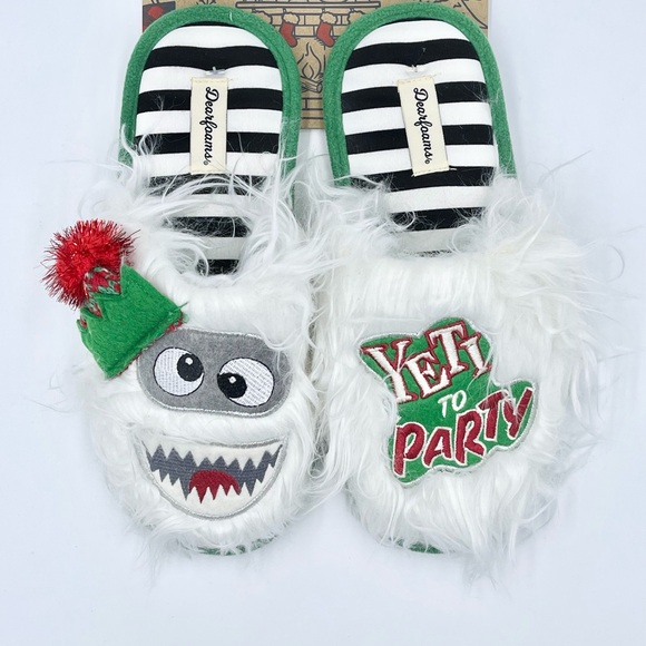 NEW Dearfoams “Yeti To Party” Ugly Christmas Sweater Slipper Mens 5-6 Womens 7-8 - Picture 2 of 5